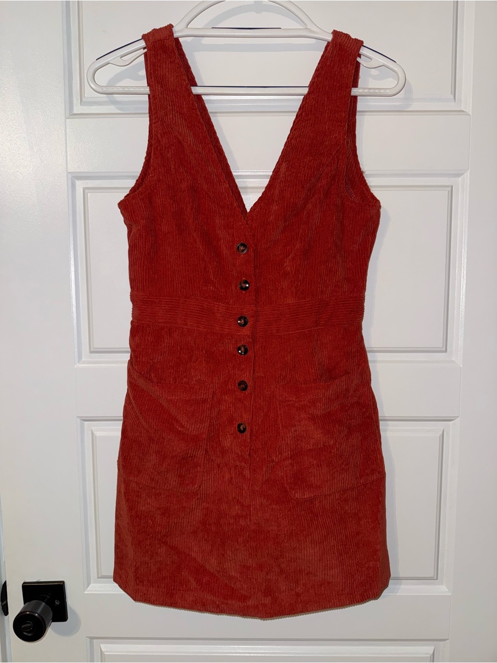 SHEIN Rust Red Corduroy Button-Front Pinafore Dress
